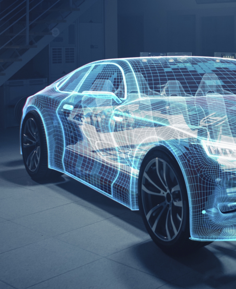 디지털 와이어프레임이 적용된 자동차의 미래형 설계 이미지