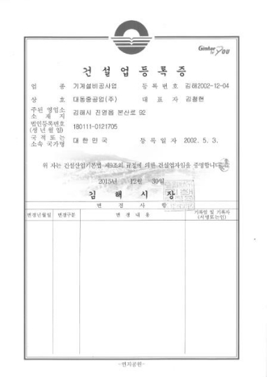 Construction Business Registration Certificate